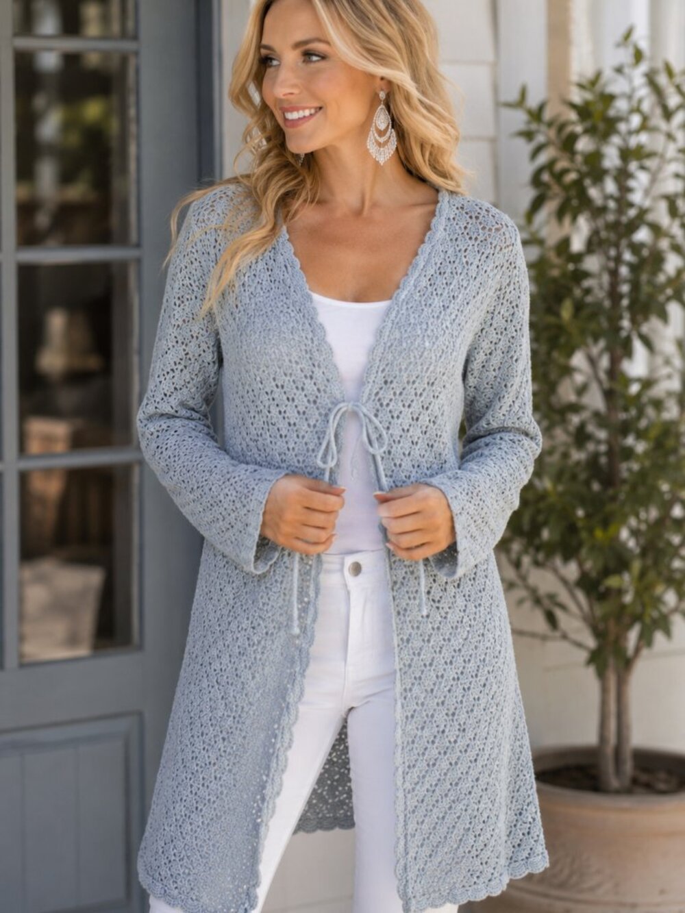 Copper Key Dusty Blue Crochet Open Knit Longline Cardigan L Tie Front